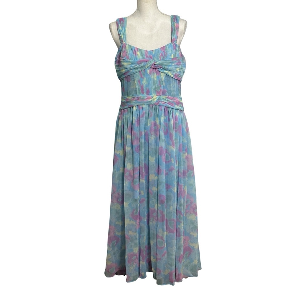 J Mendel Paris Blue MultiColor Floral Twist Sleeveless Pleated Midi Dress NWT